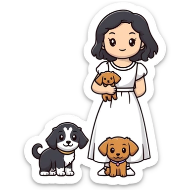 beautiful girl with long black hair in a white dress holding a small brown curly-haired dog sticker