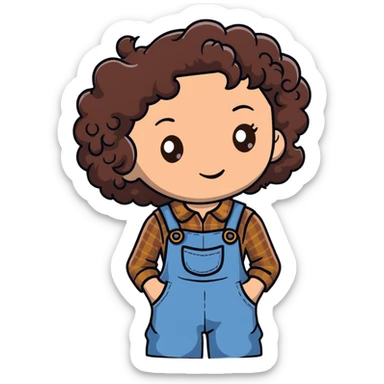 white girl with very curly dark brown hair, brown eyes, wearing farm clothes sticker