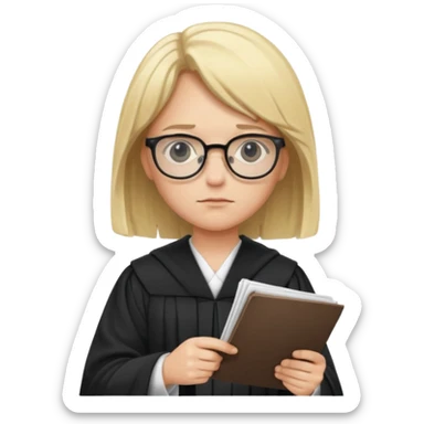 Young judge, blonde hair with glasses and robe, hold a paper sticker