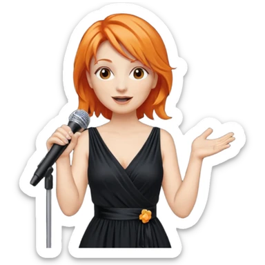 singer, Middle age, orange hair, happy, holding mic, wearing dress sticker