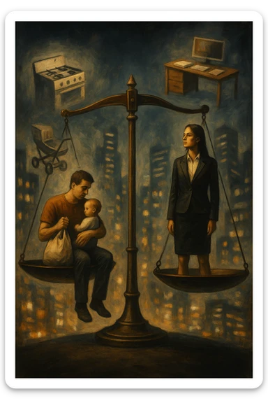 Scena metaforica: una bilancia sociale sbilanciata, con un uomo seduto da un lato con un bambino in braccio e una borsa della spesa, mentre una donna in carriera in abiti formali guarda lontano con espressione determinata. Intorno a loro, simboli confusi dei ruoli tradizionali (fornello, scrivania, passeggino, ufficio). Sullo sfondo, una città moderna e caotica. L’atmosfera è riflessiva, non giudicante. Luci contrastate, come a simboleggiare tensione culturale. in italiano sticker
