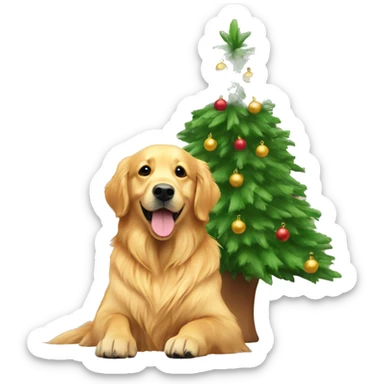 golden retriever with christmas tree  sticker