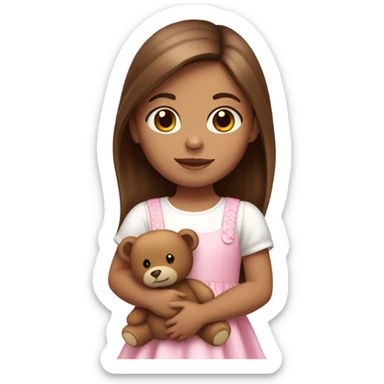 Little Girl with White skin, hazel eyes. Long brown hair with. She is wearing a pink and White dress, standing and holding on to a teddybear. sticker
