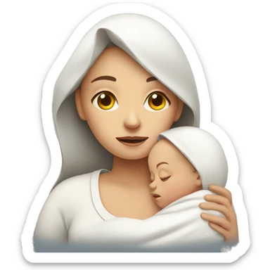 European sad mother with newborn sticker