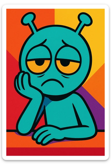cute cartoon alien showing boredom, vibrant toon style, colorful, expressive, bored sticker