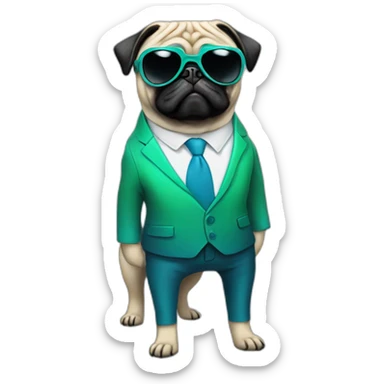 dog pug-in-gradient-green-blue-suit-with-and-black-sunglasses-standing-with-black-shoes sticker