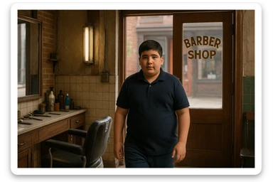 Shu odamni sartaroshxonaga kirib kelayapti  o'smirin davri rakurs ichkaridan sartaroshxona eski ham yangi ham emas bolani juda semiz qilib yuborma  u huddi sartaroshxonani  hammadan oldin kelib ochsinshu kadrni 2ta3ta rakursdan yarat sticker