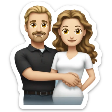 white man with dark brown curly hair and mustache embracing white woman with brown straight hair in a ponytail sticker