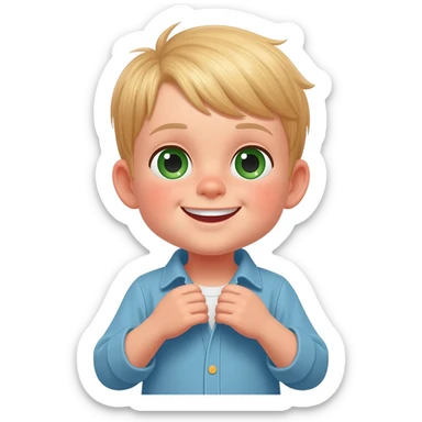 3 year old blonde boy with green-blueish eyes happy getting dressed sticker