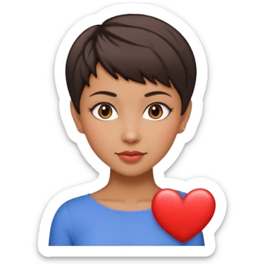 woman pixie cut dark brown hair, tan skin, brown oval eyes, heart shaped face sticker