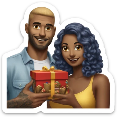 Hyper Realistic beautiful woman receiving a gift and a box of chocolates from a handsome tattooed man  sticker