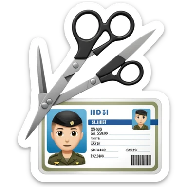Floating black Scissors cutting in half an idf soldier ID card with a little chip in 2 parts sticker