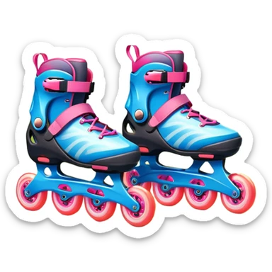 An icon featuring a pair of colorful rollerblades placed on a smooth path. The background showcases a picturesque park with lush greenery, blooming flowers, and a clear blue sky with soft clouds. The bright sunlight adds a cheerful touch to the scene. Transparent background sticker