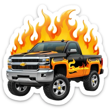 Black Silverado truck 4x4 with flames around sticker