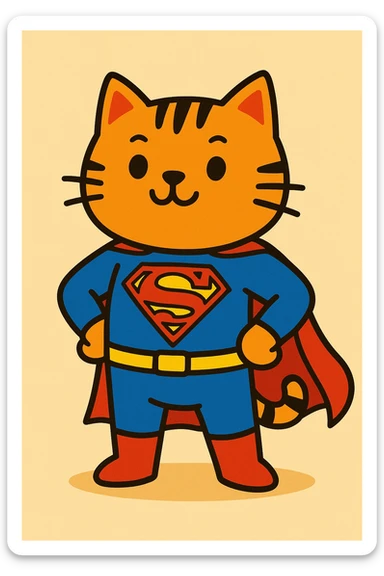 cute cat dressed as Superman, standing proudly, bold colors, cartoon style sticker