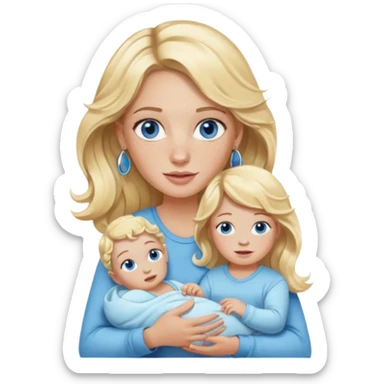 Wavy blonde, white woman with blue eyes, freckles hoop earrings, holding babies sticker
