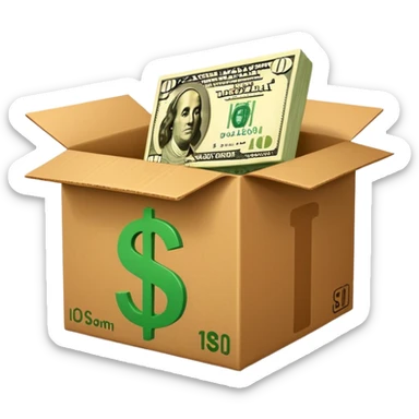a shipping box with a single green cash bill with a dollar sign on it in front of it sticker