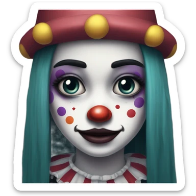 Sad clown girl with clown face paint wearing cap n bells cockcomb jester hat with long straight black hair exaggerated expression on her face  sticker