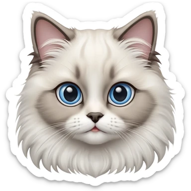 cinematic-adorable-big-eyed-fluffy-ragdoll-cat-portrait-emoji,-head-tilted-playfully-with-a-sweet-expression,-fluffy-white and grey-fur,-simplified-yet-irresistibly-cute-features-with-large,-expression, Large blue eyes sticker