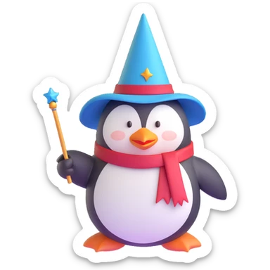 A penguin dressed as a wizard, wearing a pointed hat and holding a magic wand sticker
