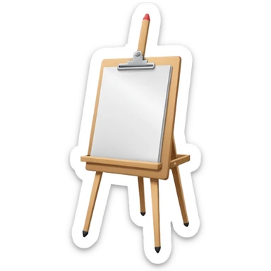 Minimalistic flat vector icon, iOS style, thin black contour on white background. Easel with a paper sheet and a pencil leaning against it. No text, no shadows sticker