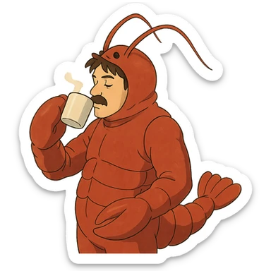 man in a lobster costume sipping coffee sticker