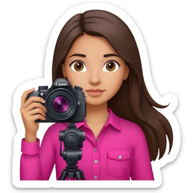 latin girl photographer with long brunette hair hot pink shirt and Canon camera sticker