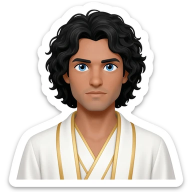 Male light brown skin blue eyes and long black curly hair and white and gold lines Jesus Christ sticker