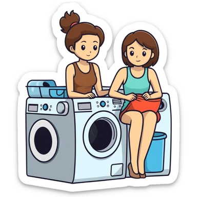 Caucasian woman with brown hair and big boobs wearing a tank top sitting on a washer and dryer sticker
