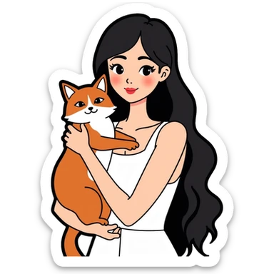 beautiful girl with long black hair wearing a white dress holding an Abyssinian cat with reddish-brown fur in her arms sticker