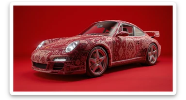 Closeup shot of a porsche 911, body of car made of russian carpet with patterns, red solid studio background, low keu light, top soft light, dutch angle,  captured by ARRI 65 sticker