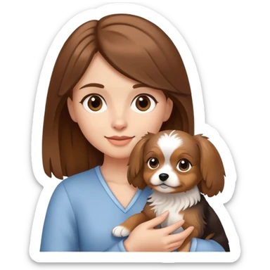 a brown-haired girl holding a mini yorkshire dog sticker