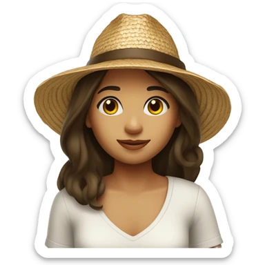 Brunette girl with shoulder length hair wearing straw hat sticker