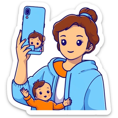 brunette girl with brown hair wearing pastel blue clothes holding a baby and taking a selfie sticker