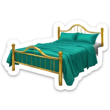 eighties bed with teal sheets and gold brass frame sticker