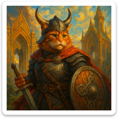 heroic Viking ginger cat in Valhalla, detailed, epic, vibrant colors, fantasy style sticker