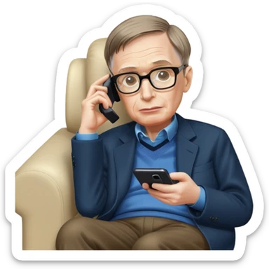 Stephen Hawking with glasses sitting on a couch playing a mobile phone game sticker