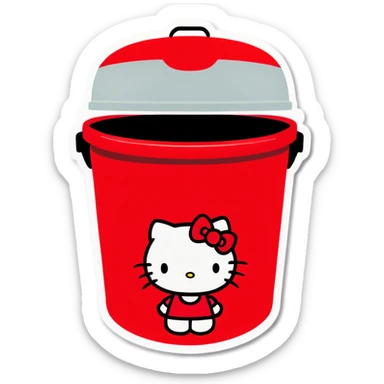 A trash bin that says GOODBYEEEE with hello Kitty in it sticker