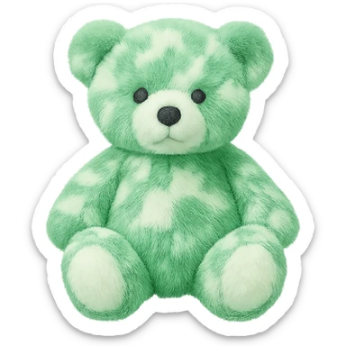 Change the teddy bear's fur to green and white, keep it soft and plush, no shadows, flat lighting, no background. The style should maintain the original look of the teddy bear in the image. sticker