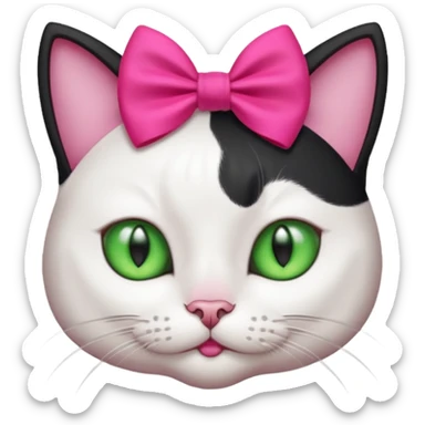A black and white cat head with green eyes she has a hot pink bow on her head  sticker