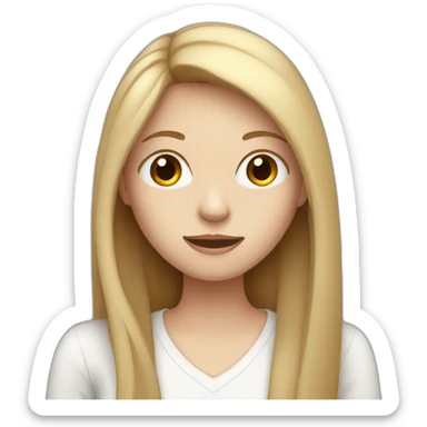 woman with pale skin and brown straight long hair hiding behind a laptop sticker