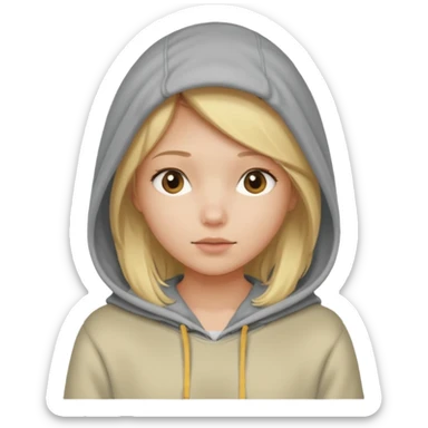 blonde girl with her head covered in a sweatshirt and hood sticker