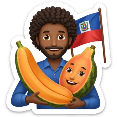 A very happy papaya hugging a medium dark skinned man with dark curly hair with a beard and Dominican flag behind them sticker
