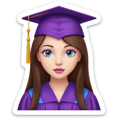 girl with beautiful extremely long brown hair, blue eyes, long lashes makeup, sexy pink lips, wearing a purple graduation cap and gown sticker