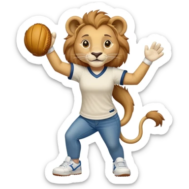 friendly anthropomorphised female lion wearing a baseball shirt, jeans, and trainers, lifting something up sticker