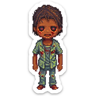 brown-skinned boy with red eyes, zombie face, pixel art style sticker