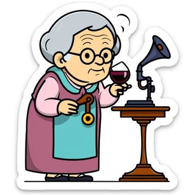 old lady with wineglass listening to gramophone sticker