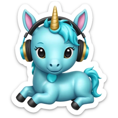 Unicornio bebé cyan sentado escuchando música con auriculares negros sticker