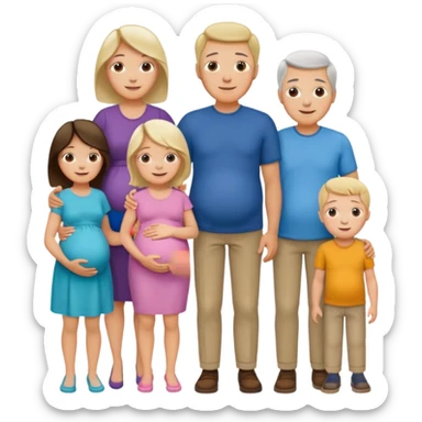 I want a couple with a wife that’s pregnant and then on the male side standing next to him is his family mom is sick the dad is fine  and his siblings and grandparents are okay smiling. sticker