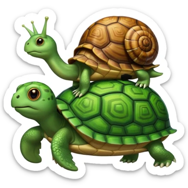 A snail is perched on the back of a turtle. sticker